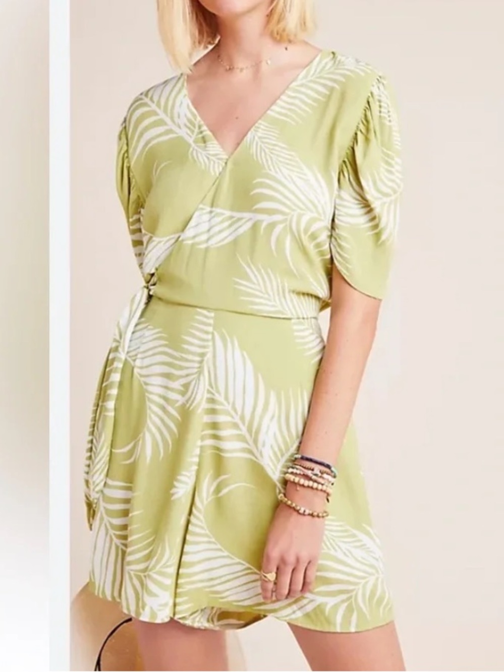 Cleobella for Anthro Light Green Palm-Print Wrap Romper size M